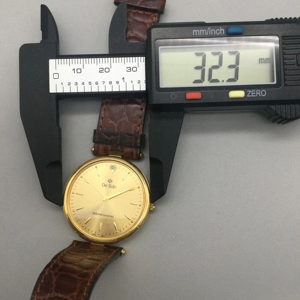 De Solo Watch Women 32mm Diamond 18K Gold Plated Brown Leather Strap New Battery - Picture 13 of 15